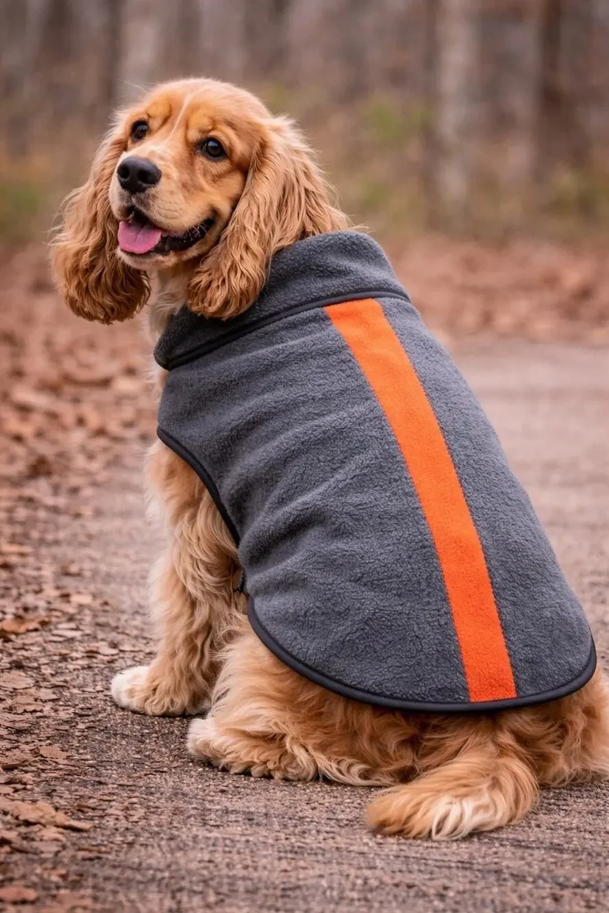 Tanner And Dash Gray Fleece Dog Coat Size 16 Inch Orange Stripe Designer New